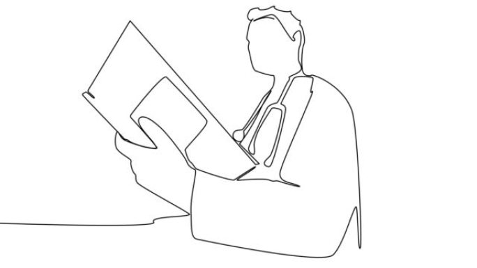 在白色屏幕上一行记录的医生的自画图。