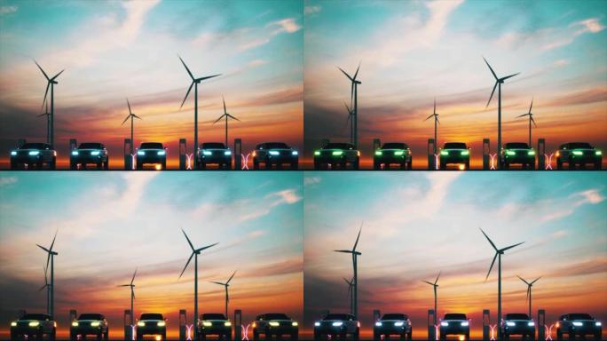 风力涡轮机能源。电动汽车充电站技术可持续发展概念。日落