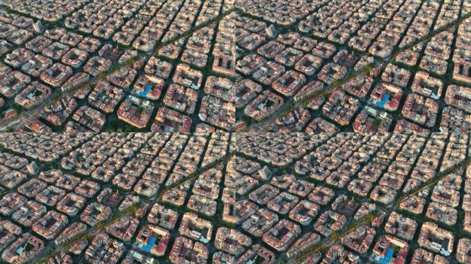 巴塞罗那城市天际线，鸟瞰图。日出时的住宅区。西班牙加泰罗尼亚。具有典型城市八角形街区的城市景观