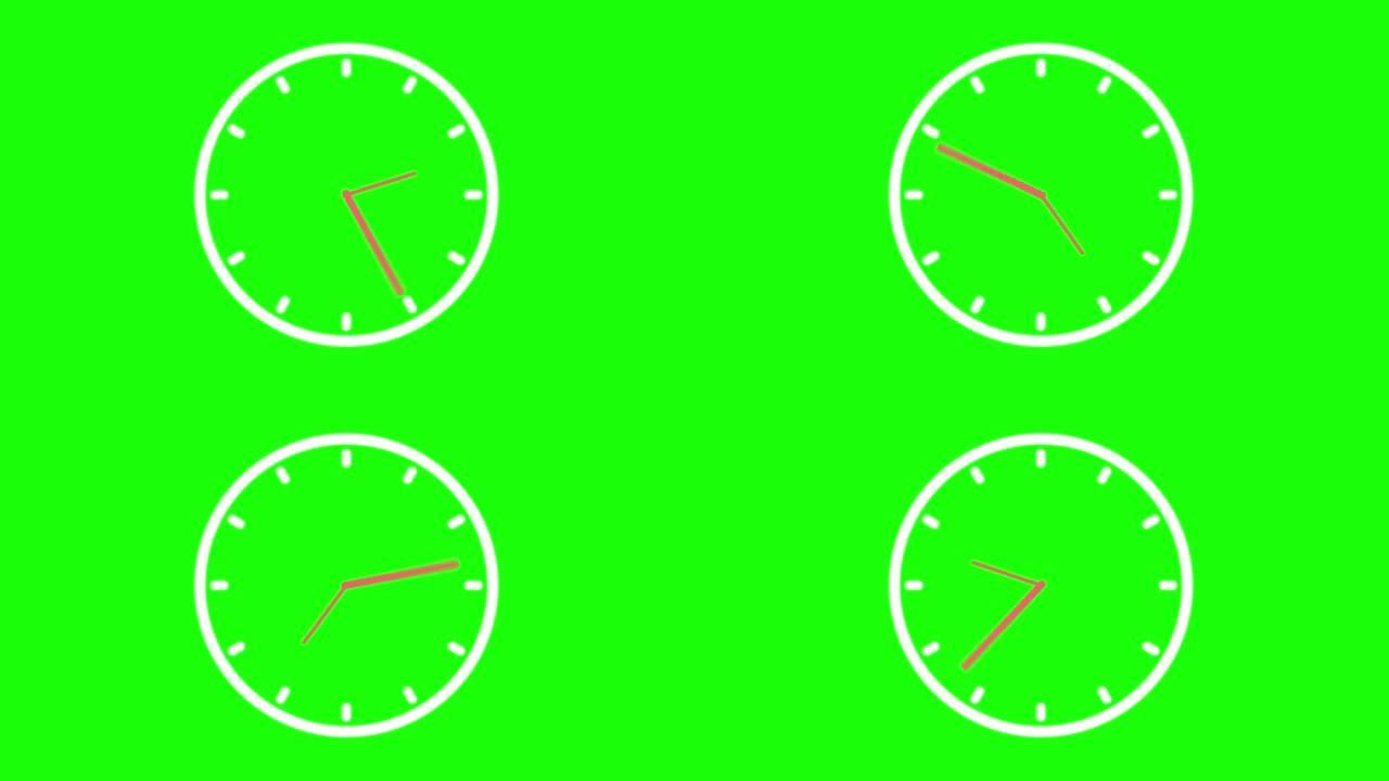 时钟动画在12小时4k视频股票视频时钟，手表-钟表，动画-运动图像，计时器，图标，绿色背景