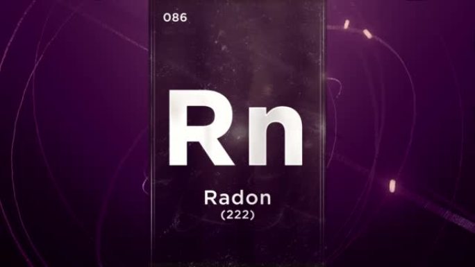 元素周期表的氡 (Rn) 符号化学元素，原子设计背景上的3D动画