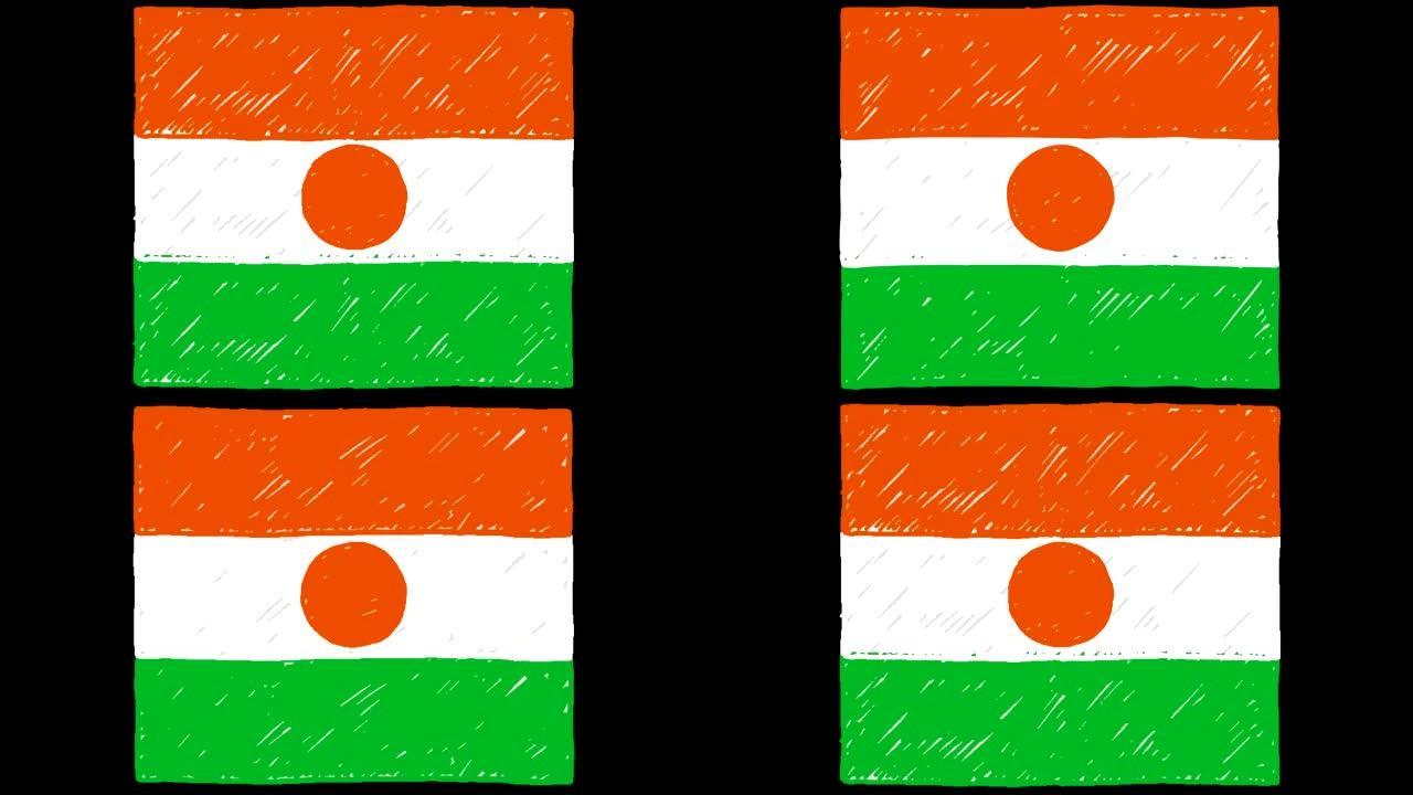 尼日尔国家国旗标记或铅笔素描循环动画视频