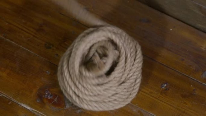 木地板上的一圈绳子解开了。绳索保险工业登山者