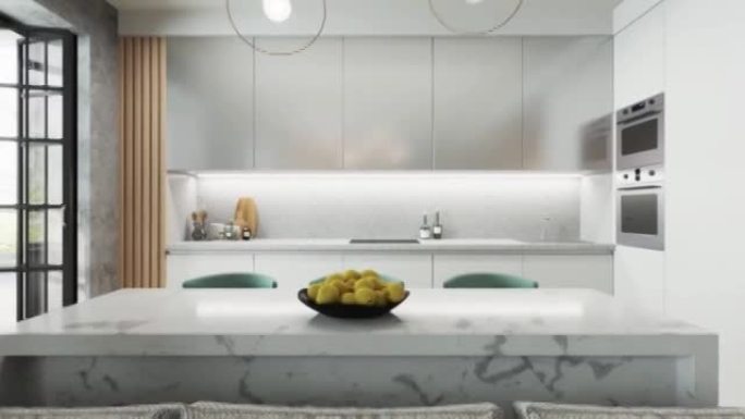 3D以现代风格渲染厨房和客厅的内部