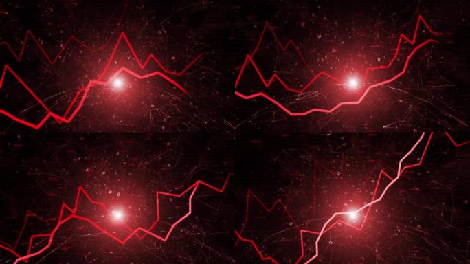 红色负商业动画，在黑暗的闪亮背景上，带有二进制数据和运动中的球体。