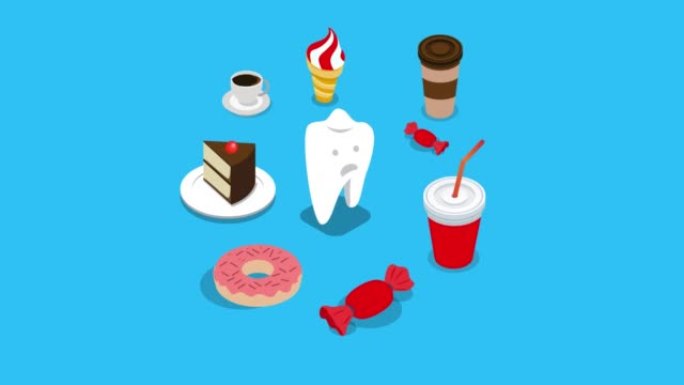悲伤的牙齿被不健康的食物包围