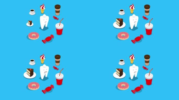 悲伤的牙齿被不健康的食物包围