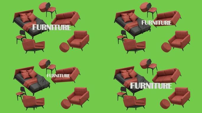 咖啡桌扶手椅床和植物壶家具环绕的粉彩沙发，在绿色屏幕背景上漂浮和旋转，用于定制最小概念3d渲染循环动