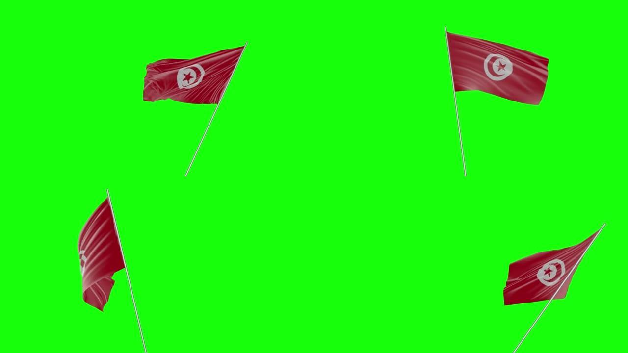 手持挥舞的突尼斯国旗与绿幕背景3d建模和动画循环- Cgi突尼斯国旗被挥舞的旗帜在绿幕背景Chrom