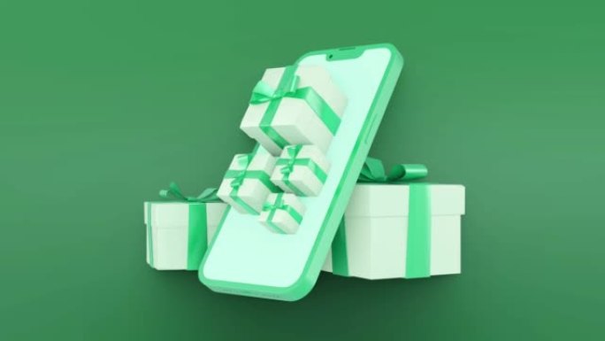 手机和礼品的循环动画，3d渲染。绿色Backgraund-Stok视频