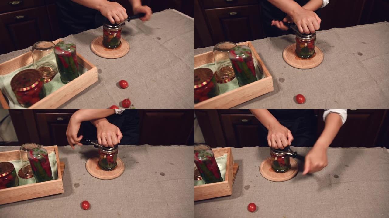 Steadicam镜头: 家庭主妇用罐装樱桃番茄封闭罐子上的盖子，并带有接缝器或特殊的接缝键