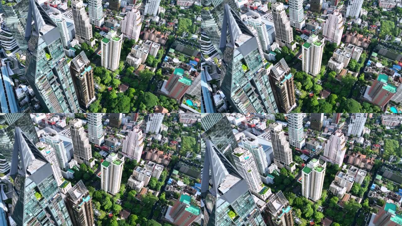 曼谷市中心的空中城市景观，飞越泰国曼谷周围高高的商业和金融区。