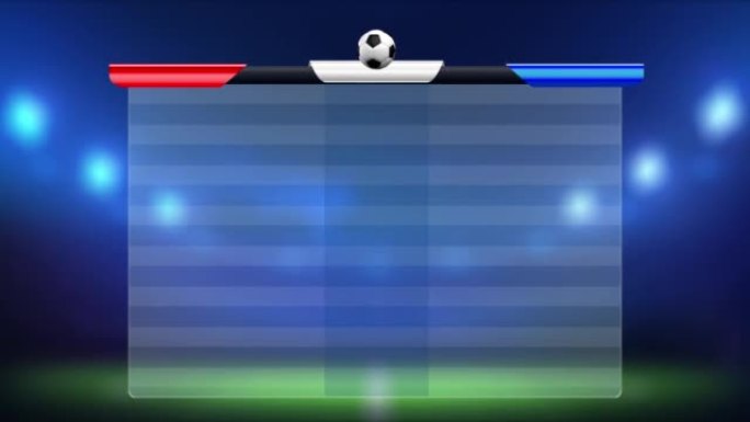 足球信息面板，用于运动记分卡和结果显示在模糊足球场背景上。4k视频运动图形动画