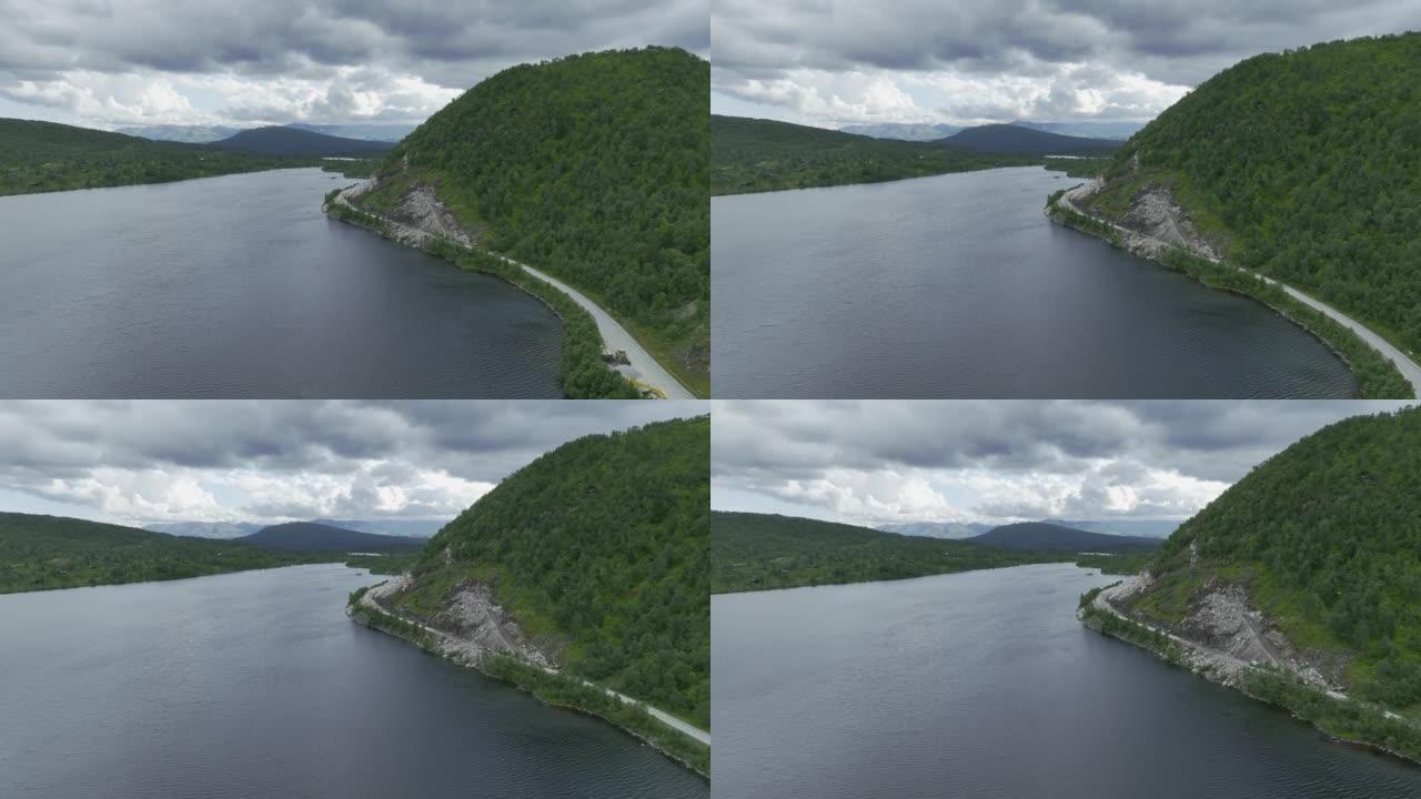 穿越挪威高地的公路风景鸟瞰图