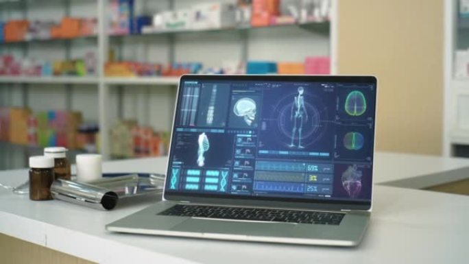 药房上带有未来派hud医疗屏幕数据仪表板界面的笔记本电脑的视频片段