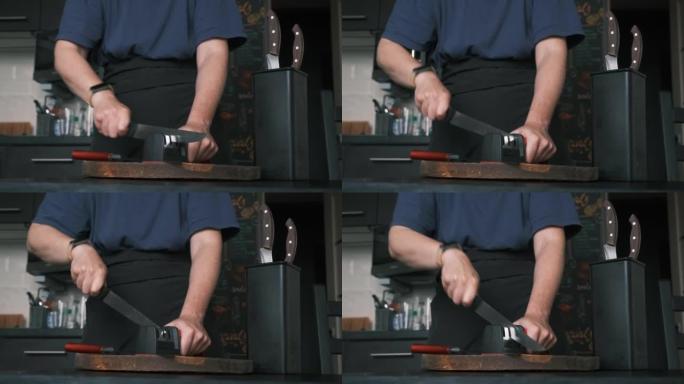 女人正在家用厨房中使用磨刀器磨菜刀