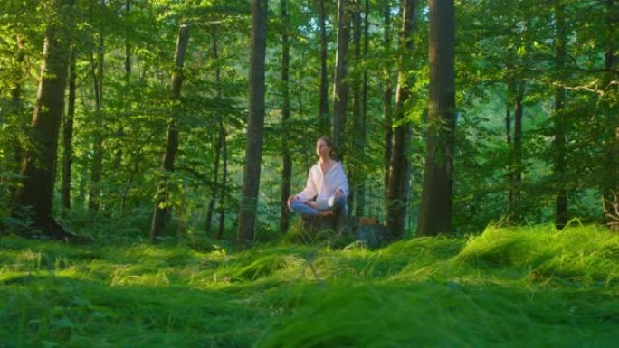 森林。女人放松冥想，练习瑜伽姿势，绿色郁郁葱葱的草药草地，阳光明媚的春天。冥想带来良好的健康益处，运