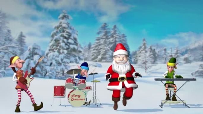 有趣的圣诞老人和精灵在圣诞冬季森林里演奏乐器。圣诞节和新年的概念。无缝循环圣诞动画。