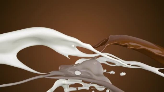 慢动作特写牛奶和巧克力飞溅混合物。4K.带阿尔法哑光的动画。
