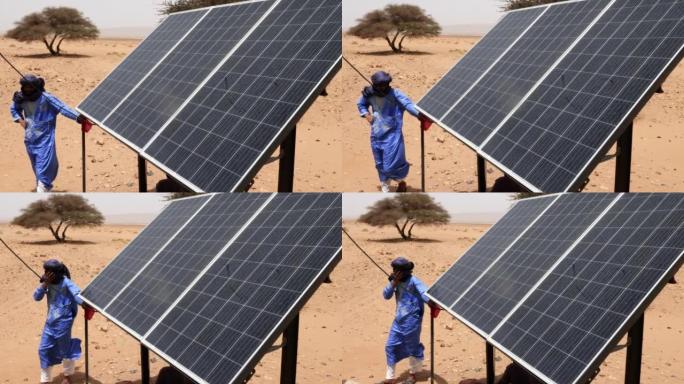 摩洛哥Erg Chigaga撒哈拉沙漠中的太阳能电池板。新建的太阳能为沙漠中的动物从井里取水。
