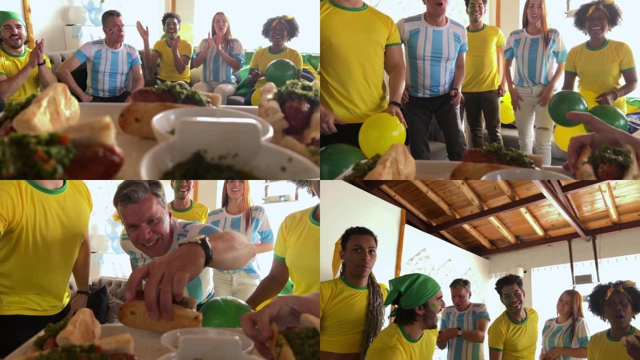 来自阿根廷和巴西的足球迷正在观看这些球队的足球比赛，同时享受典型的阿根廷美食。