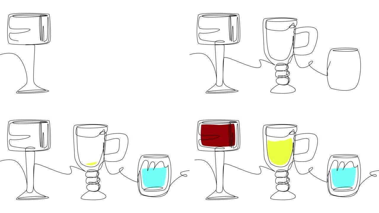 在白色屏幕上一行用不同的玻璃杯自绘制夏季鸡尾酒。