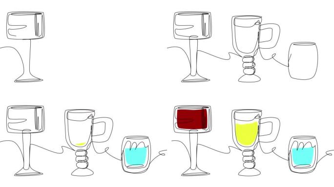 在白色屏幕上一行用不同的玻璃杯自绘制夏季鸡尾酒。