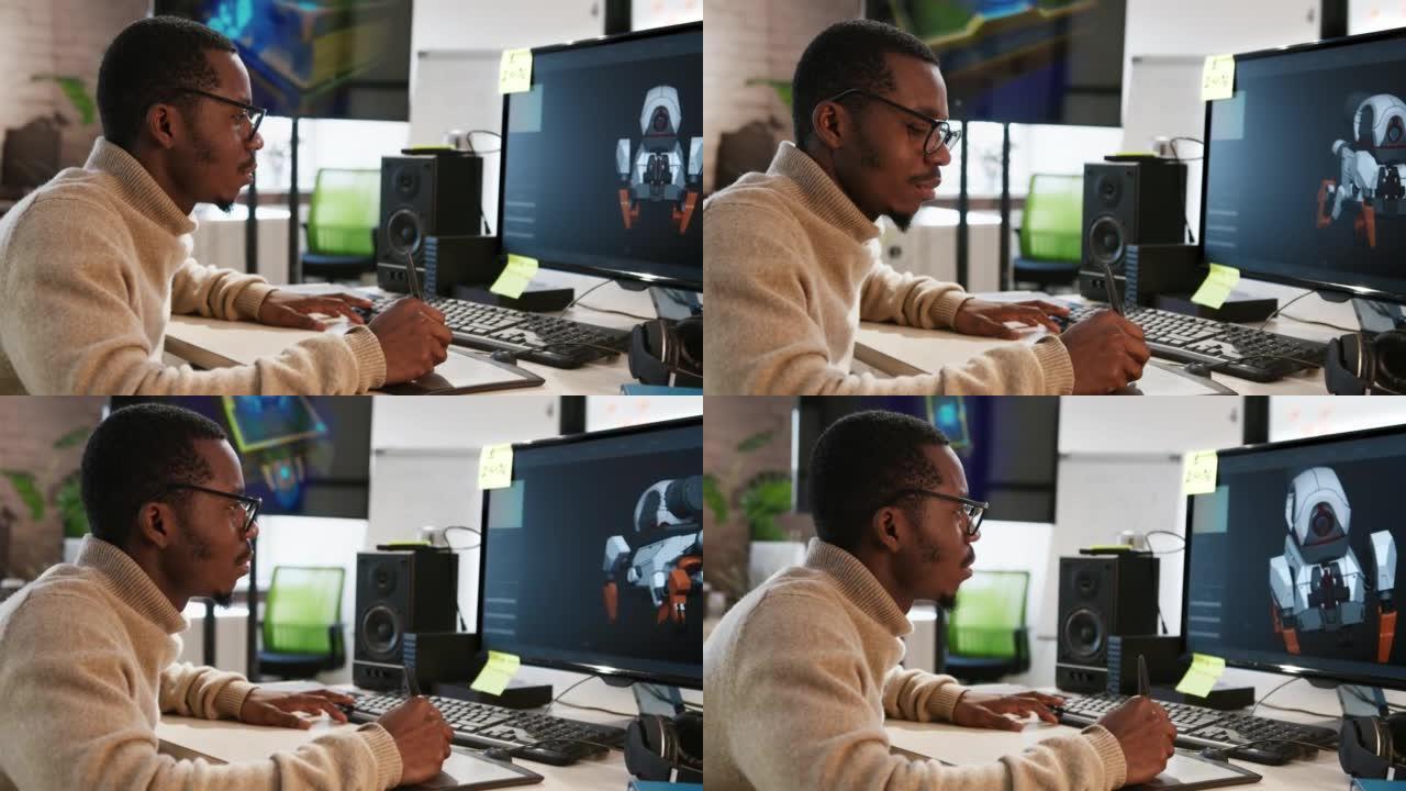 非裔美国艺术家利用平板电脑3D狗机器人模型进行计算机游戏
