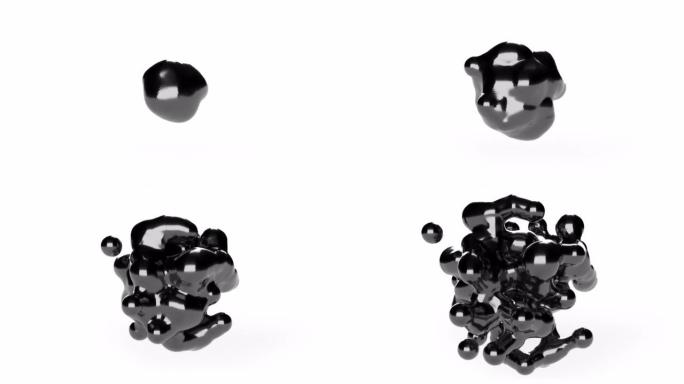 白色背景上的现代抽象黑色metaballs流体艺术单碗滴油4k
