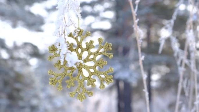 金色圣诞雪花玩具，树枝被雪覆盖。冬季森林。新年假期。圣诞大气心情