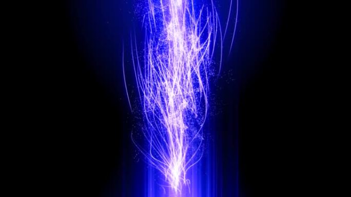 蓝色能量粒子在黑色背景上向上移动的抽象动画线