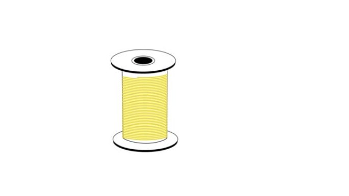 缝纫线轴、针的自画动画。缝纫的概念。黄色。