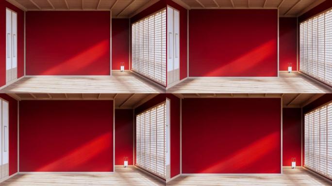 室内颜色红色房间，带榻榻米地板。3d渲染