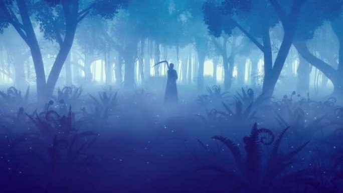 可怕的雾夜森林中的黑暗死神剪影