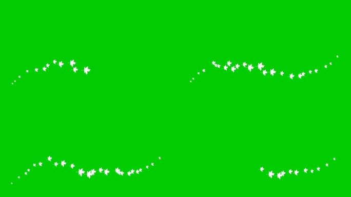 动画白叶从左到右飞行。循环视频。绿色背景上的一股飞叶。