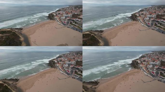 葡萄牙沿海城镇的空中无人机视图，在欧洲里斯本的辛特拉的住房市场，悬崖顶的房产和海岸的房屋，在普拉亚达