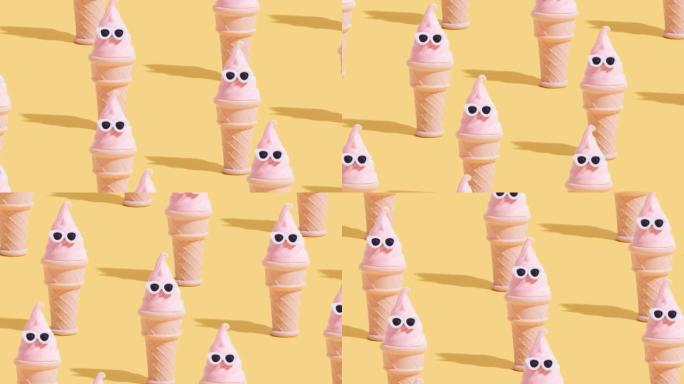 抽象电影带太阳镜的动画冰淇淋。创意炎热夏天概念