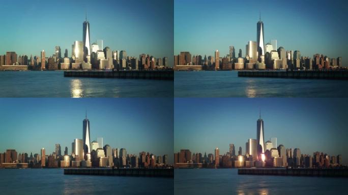 曼哈顿天际线。曼哈顿从白天到晚上美丽的时光倒流。