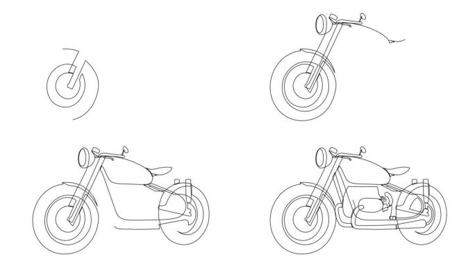 单线绘制复古斩波器摩托车的自画动画。动画复古摩托车运输概念。4K。