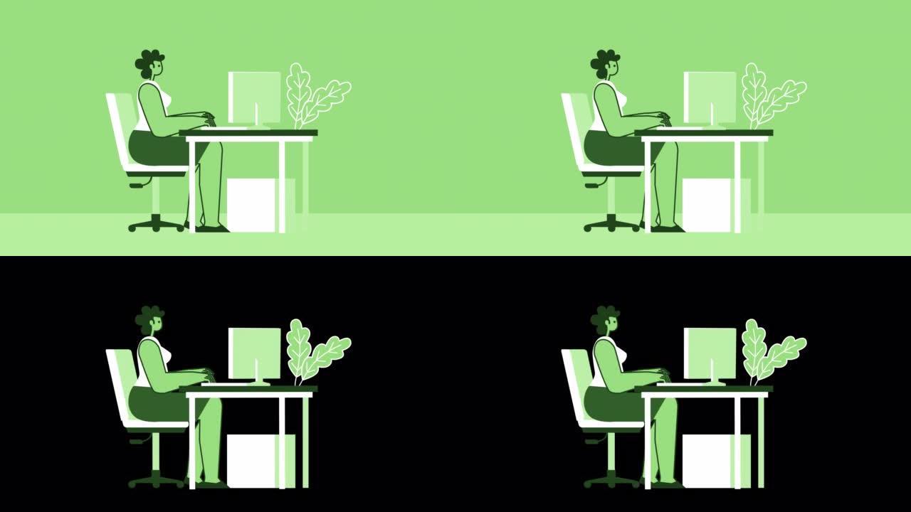 绿色风格的女人平角色在台式电脑上工作。带有Alpha通道的孤立循环动画