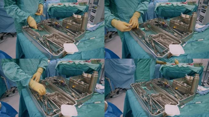 手术护士在biks中安排手术器械以进行进一步的绝育