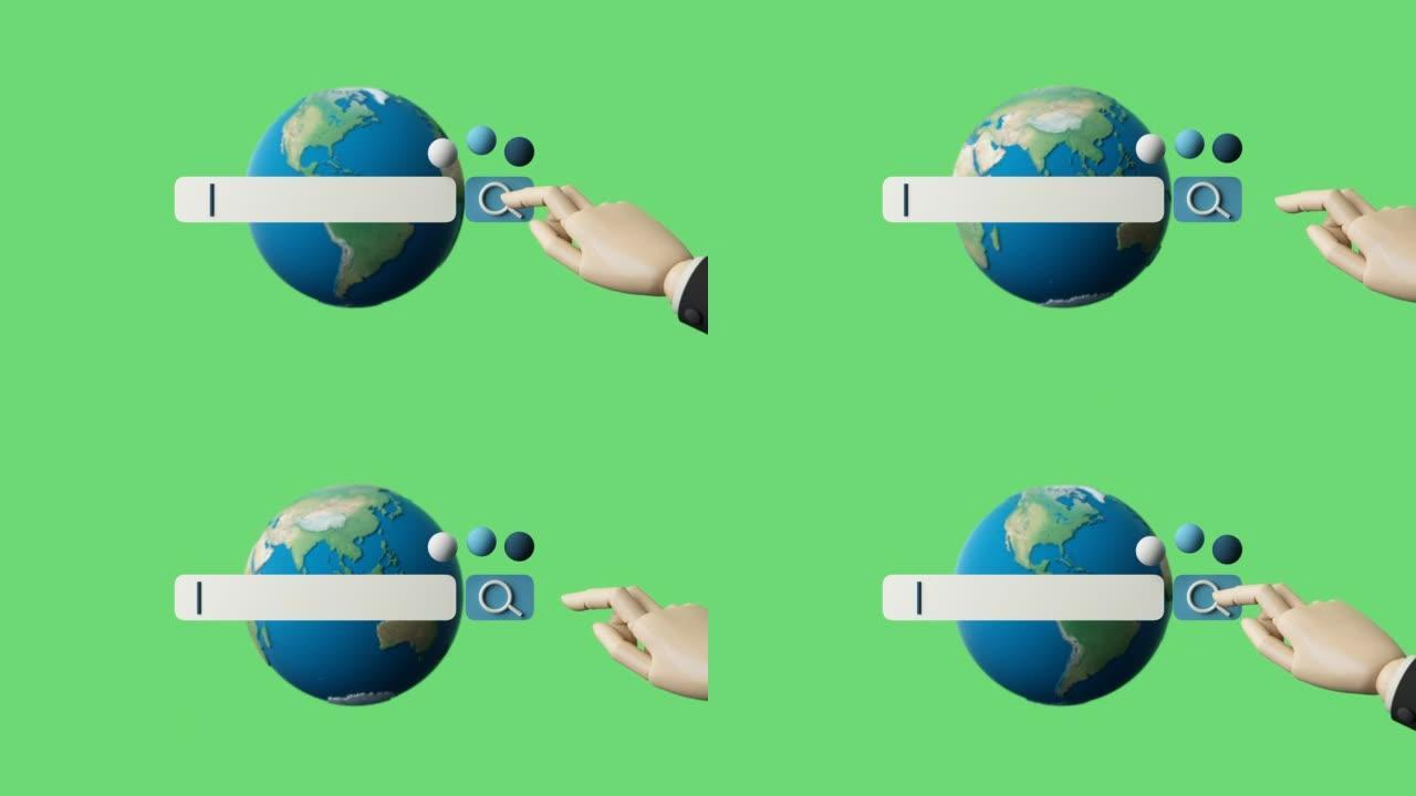 Globe和搜索栏最小互联网概念在新世界概念和无线连接中找到并在蓝色背景下工作。3d渲染动画循环