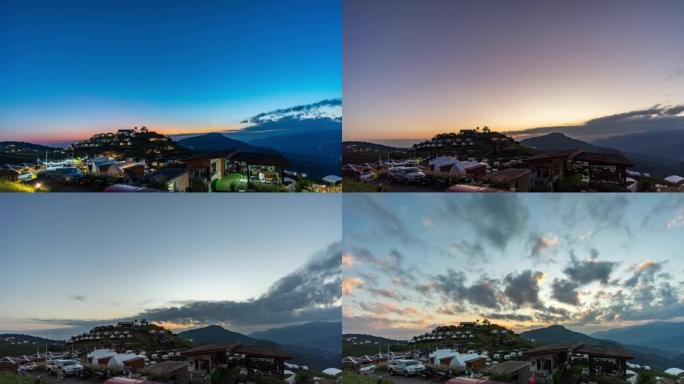 日出时的山顶小村庄，山上七彩村的美丽景象，延时拍摄