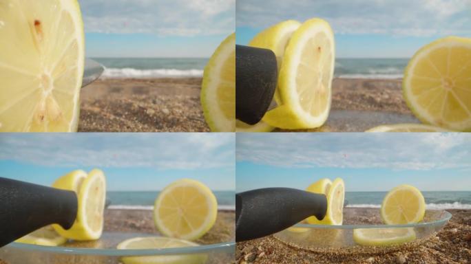 Slices of lemon in a plate against the background 