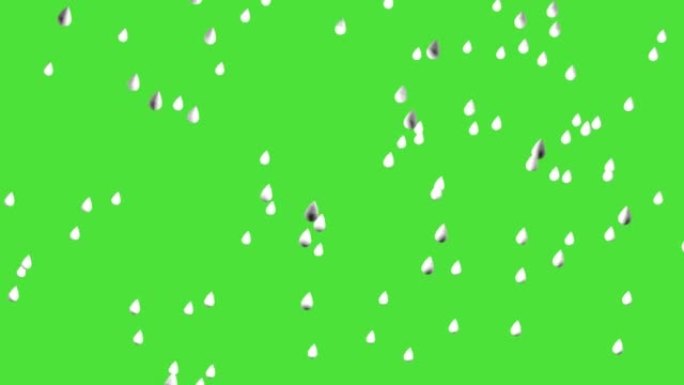 绿色屏幕上的卡通雨滴。3D动画，色度键