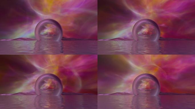 抽象水晶球岛漂浮在水面上，温暖的洋红色星云天空循环背景