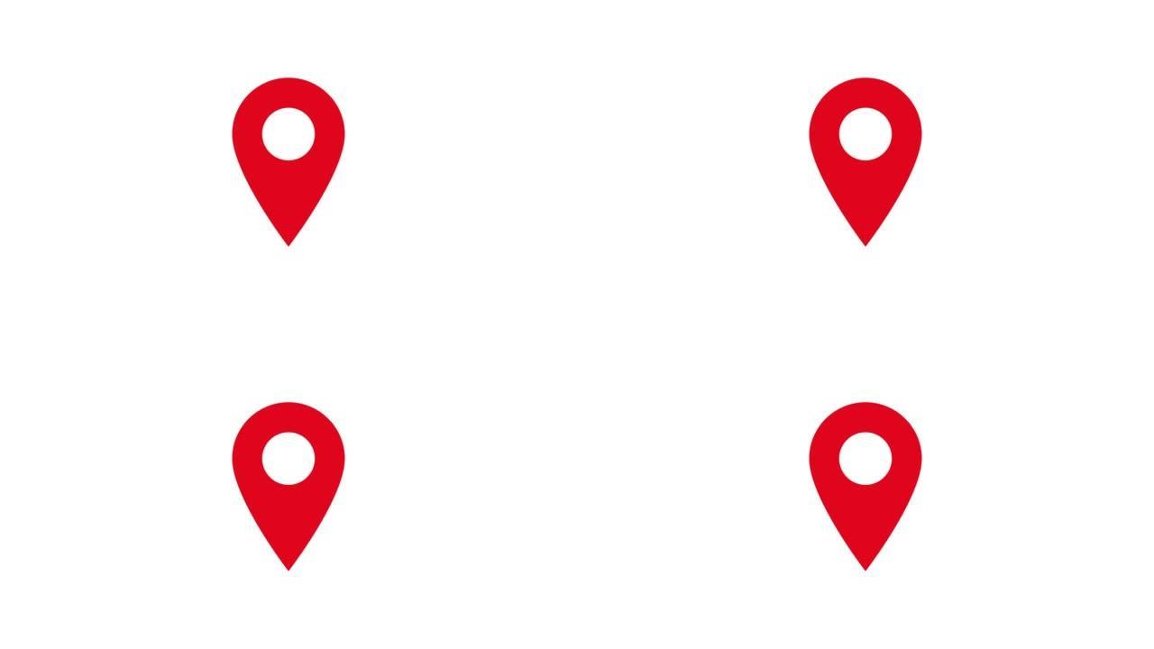 白色背景上出现红色地图定位销的动画