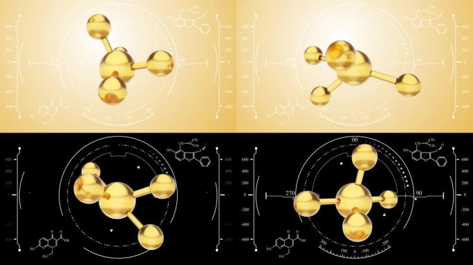 3D动画分子宏原子细胞精华液乳霜，胶原蛋白透明水晶精华液和维生素护肤，清晰的背景。