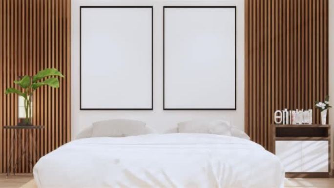 卧室日式简约风格。现代白墙和木地板，房间简约主义。3D渲染