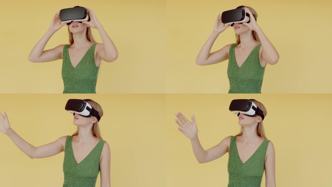 年轻女子佩戴使用虚拟现实VR眼镜头盔耳机